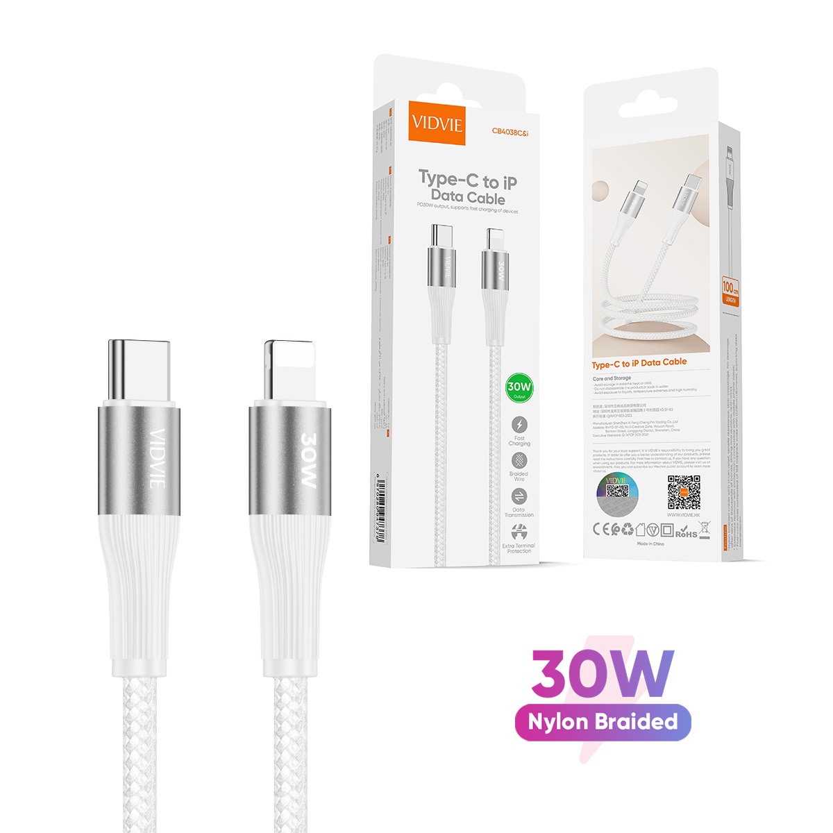 کابل شارژ تایپ سی به لایتنینگ تایوانی برند ویدوی VIDVIE CB4038 C&I